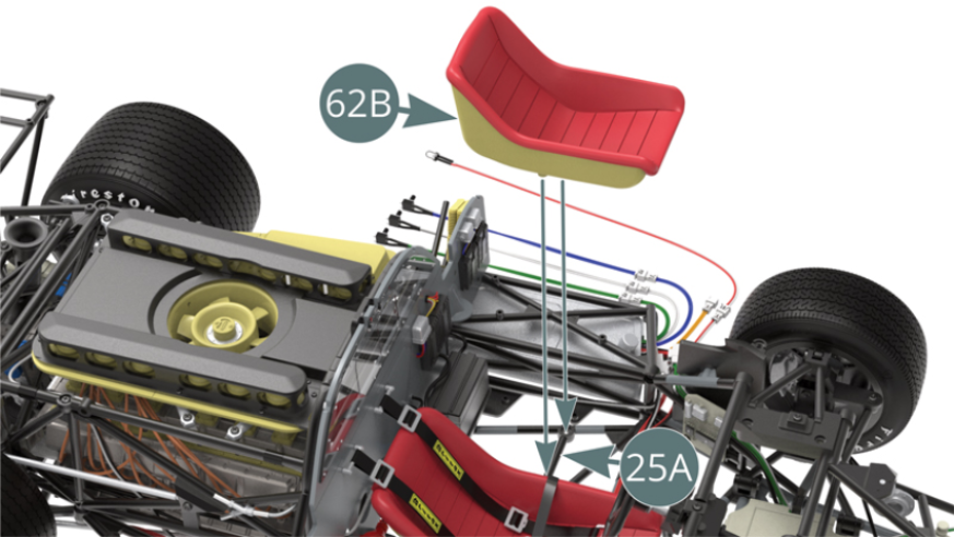 Coloque el Asiento del pasajero (62B) en el Chasis inferior (25A).