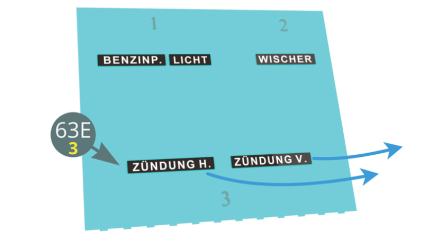 Plonger les décalcomanies 63E-3 dans l’eau pendant 15 secondes, puis les faire glisser afin de les appliquer sur le tableau de bord 63A comme indiqué ci-contre.