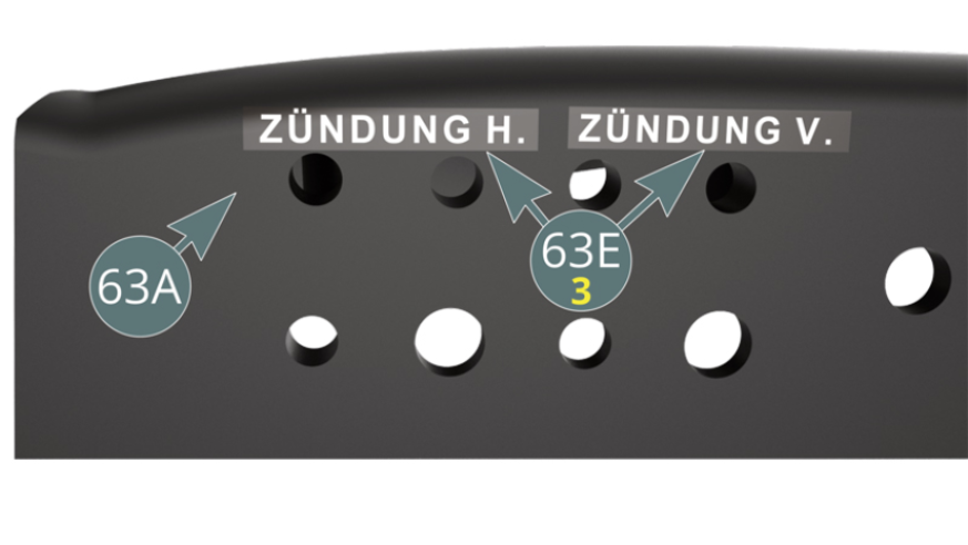 Os decalques (63E-3) "On tail lights" ( Zundung H ) e "On headlights" ( Zundung V ) aplicados no painel de instrumentos (63A).