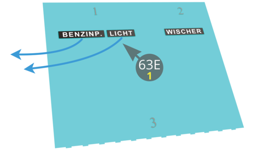 Plonger les décalcomanies 63E-1 dans l’eau pendant 15 secondes, puis les faire glisser afin de les appliquer sur le tableau de bord 63A comme indiqué ci-contre.