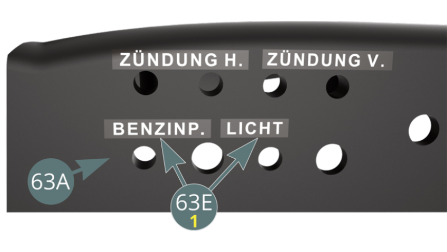 Os decalques "Fuel Pump" ( Benzin P. ) e "Light" ( Licht ) aplicados no tablier (63A).