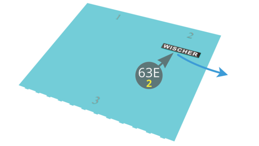 Plonger la décalcomanie 63E-2 dans l’eau pendant 15 secondes, puis la faire glisser afin de l’appliquer sur le tableau de bord 63A comme indiqué ci-contre. La décalcomanie 63E-2 «Essuie-glace» (Wischer) est positionnée sur le tableau de bord 63A.