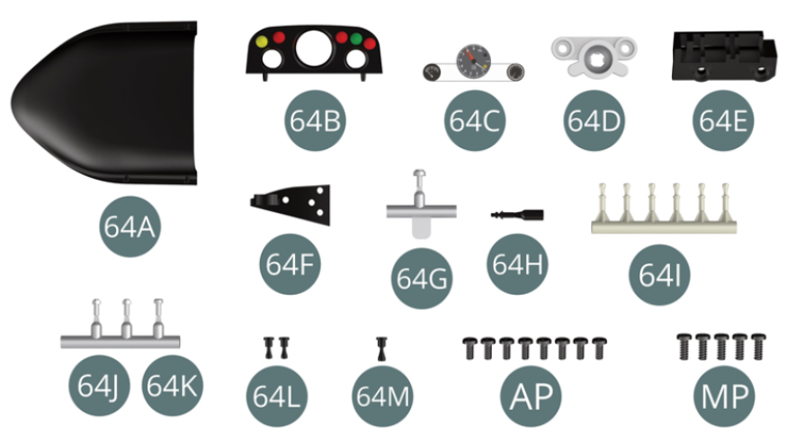 64A Coperchio del pannello strumenti64B Pannello strumenti64C Quadranti64D Pannello riflettore64E Pannello interruttori64F Pannello interruttori64G Interruttore 64H Interruttore64I Interruttore (x 6)64J Interruttore (x 2)64K Interruttore pompa carburante64L Commutatore (x 2)Vite AP M 1,7 x 4 mm (x 8)Vite MP M 2,0 x 5 mm (x 5)