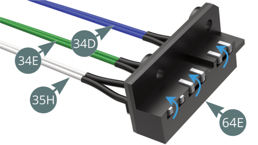 Dobrar as pernas de contacto do Interruptor de Som da Buzina (34E / verde), Interruptor de Luz (35H / branco) e Interruptor de Som do Motor (34D / azul) à volta da extremidade do Painel de Interrupção (64E) (setas azuis). 