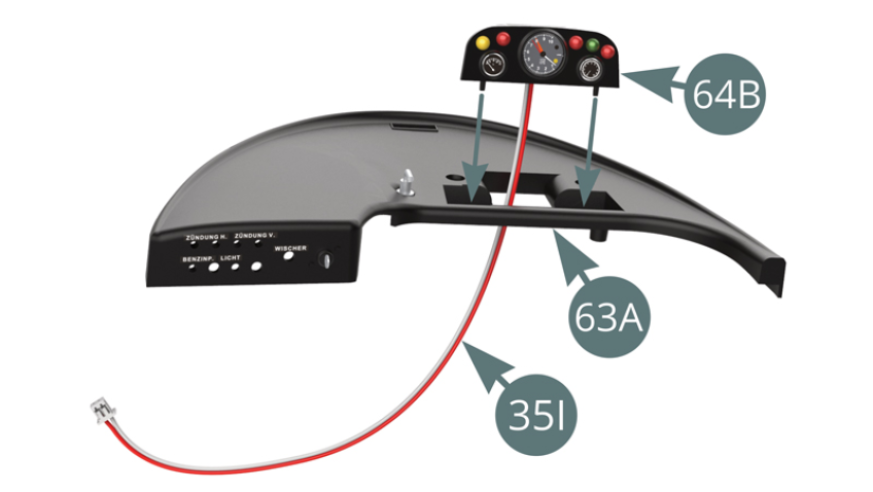 Positionner la console d’instruments 64B sur le tableau de bord 63A en faisant passer le câble de la LED de rétroéclairage des instruments 35I à travers l’ouverture prévue.Positionner le capot de panneau d’instruments 64A au-dessus de la console d’instruments 64B et sur le tableau de bord 63A, puis le fixer par en dessous avec deux vis AP.