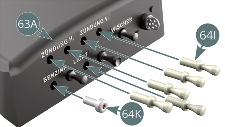 Positionner le contacteur de pompe d’essence 64K et les cinq interrupteurs 64I sur le tableau de bord 63A.