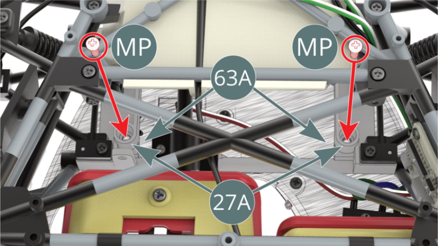 Fixer le tableau de bord 63A sur le cadre du tableau de bord 27A par le dessous de la voiture avec deux vis MP. Fixer le tableau de bord 63A sur le cadre du tableau de bord 27A au niveau de la roue avant gauche avec une vis MP.