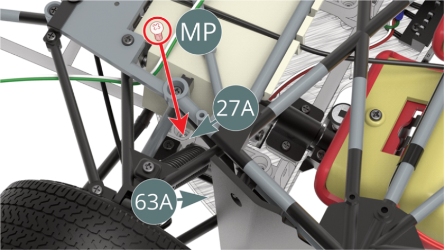 Fixer le tableau de bord 63A sur le cadre du tableau de bord 27A au niveau de la roue avant droite avec une vis MP. Replacer la tirette d’extincteur 28E sur le cadre du tableau de bord 27A.