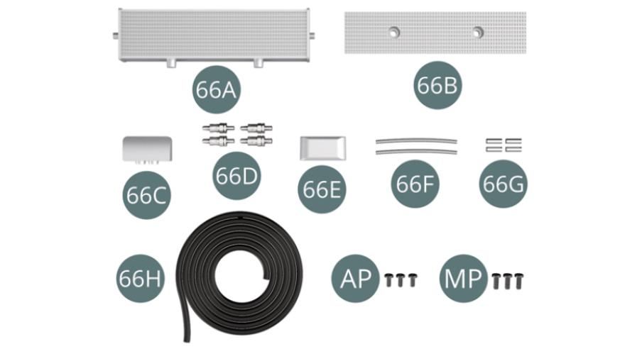 66A Radiador de agua66B Panel frontal del radiador66C Radiador lado izquierdo66D Racor (x 4)66E Radiador lado derecho66F Manguera metálica (x 2)66G Conector (x 4)66H Tubería de aguaTornillo AP M 1,7 x 4 mm (x 3)Tornillo MP M 2,0 x 5 mm (x 3)