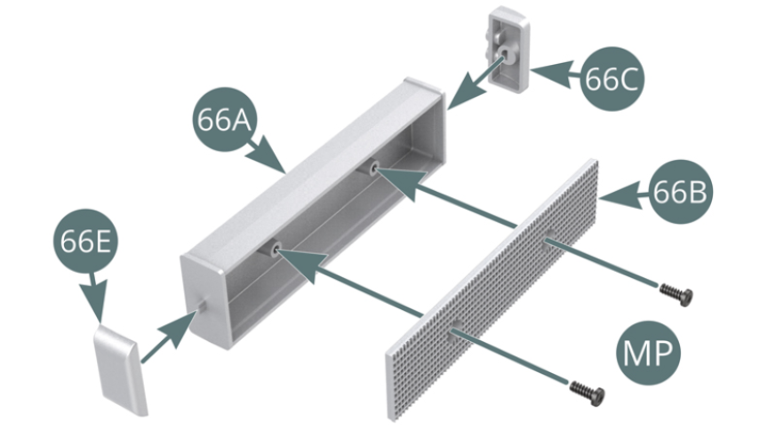 Positionner le panneau avant du radiateur 66B sur le radiateur d’eau 66A et le fixer avec deux vis MP. Positionner les côtés gauche 66C et droit 66E sur le radiateur d’eau 66A.