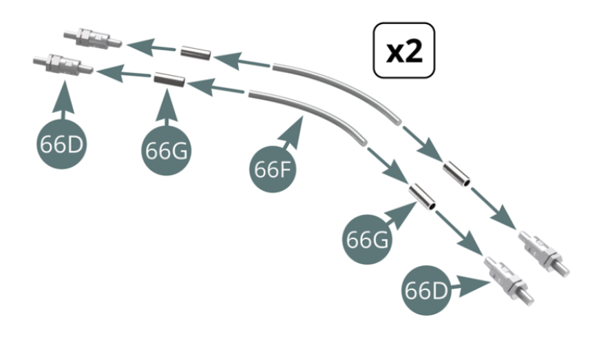 Colocar un Racor (66D) y un Conector (66G) en cada extremo de la Manguera metálica (66F). Realiza un segundo montaje idéntico.