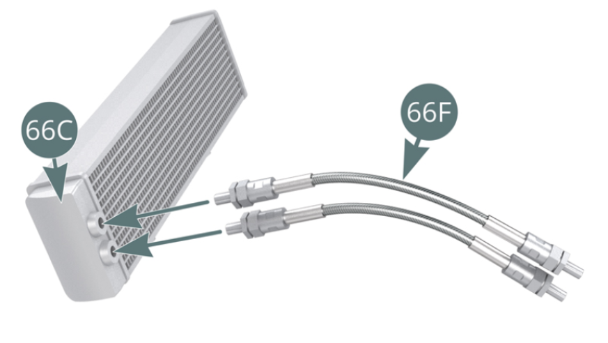 Ligar as duas Mangueiras metálicas (66F) ao Radiador de Água (66A) usando as duas Ligações (66D). Instale o radiador de água (66A) no fundo plano frontal (65A) e fixe-o com dois parafusos AP.