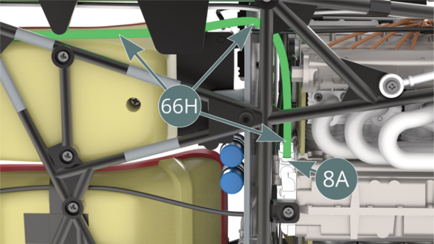 Ligar um dos dois comprimentos cortados do Tubo de Água (66H) sobre o bocal da Caixa da Bomba de Água (8A) - do qual a Mangueira de Água (37B) acabou de ser removida - e passá-lo sob a borda da Antepara da Partição do Cockpit (54A) - ilustrações em frente e em baixo.