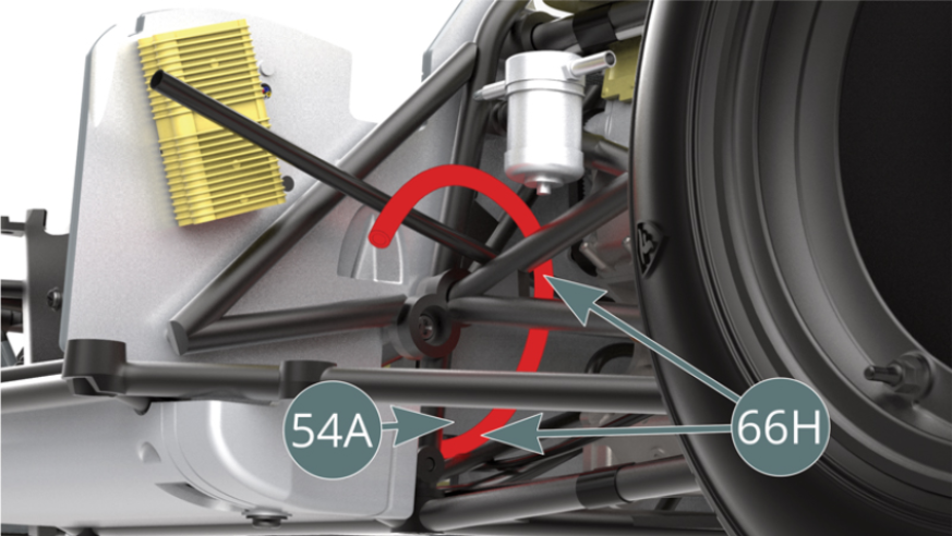 Faire passer la seconde longueur de conduite d'eau 66H coupée sous le côté inférieur gauche de la cloison de séparation du cockpit 56A. Laisser l'extrémité pendre librement car elle sera connectée ultérieurement. Il doit y avoir 2 conduites libres. 66H et 37B comme indiqué. Continuer à faire passer la conduite 66H le long du siège passager (illustration ci-contre).