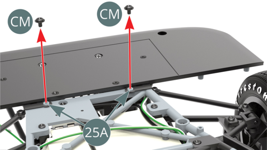 Retirar os dois parafusos marcados com CM do chassis inferior (25A).