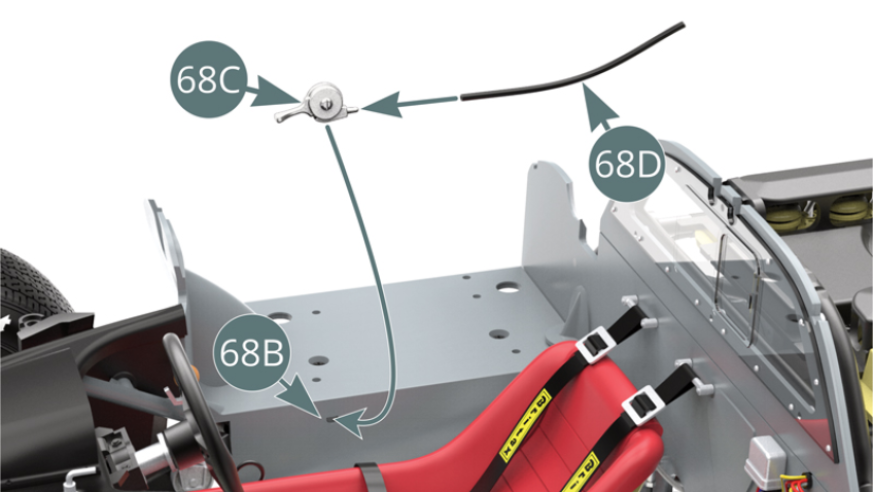 Positionner le câble de frein à main 68D sur le frein à main 68C, puis positionner l’ensemble sur le  caisson de cockpit droit 68B.Positionner l’extrémité libre du câble de frein à main sur le téton situé sur la cloison de séparation du cockpit 54A.