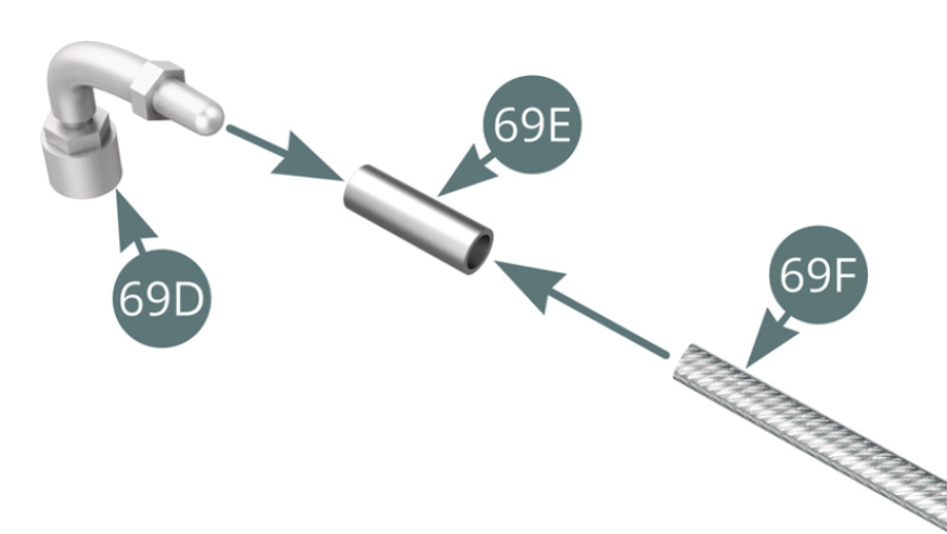 Positionner la conduite d’essence blindée 69F sur le raccord de pompe 69D par l’intermédiaire du raccord 69E.Positionner le raccord de pompe 69D sur la pompe à essence 69B.