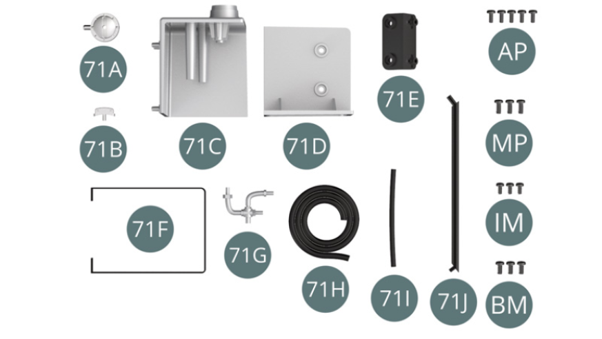 71A Tapón de llenado de aceite 71B Manija 71C Cuerpo del depósito de aceite 71D Cuerpo del depósito de aceite 71E Soporte 71F Cincha 71G Termostato 71H Manguera de aceite 71I Manguera de aceite 71J Brazo Tornillo AP M 1,7 x 4 mm (x 5) Tornillo MP M 2,0 x 5 mm (x 3) Tornillo IM M 1,7 x 3,5 mm (x 3) Tornillo BM M 2,0 x 4 mm (x 3)