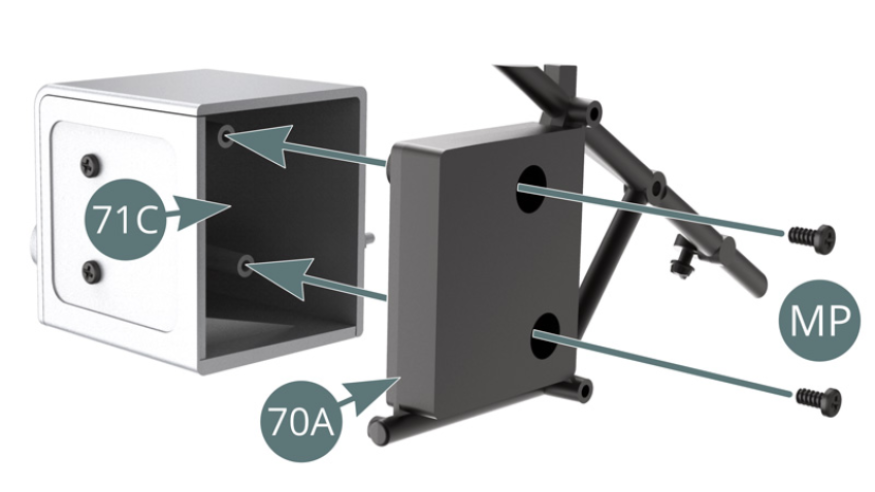 Positionner le châssis support de réservoir d’huile 70A sur le corps de réservoir d’huile 71C et le fixer avec deux vis MP. Positionner le thermostat 71G sur la barre tubulaire du châssis support de réservoir d’huile 70A.Placer la sangle 71F au-dessus du réservoir d’huile 71C et du châssis support de réservoir d’huile 70A.