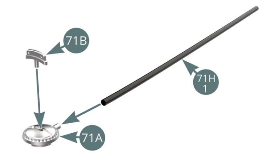 Collegare il tubo flessibile dell'olio (71H-1) e la maniglia (71B) al tappo di riempimento (71A). Collegare il tubo flessibile dell'olio (71H-2) al perno del serbatoio dell'olio (71C) e al termostato (71G).