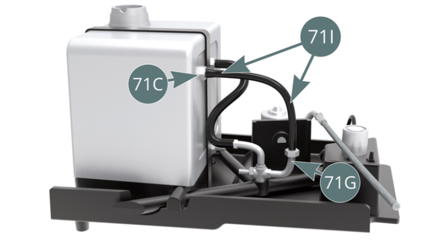 Positionner la durite d’huile 71I entre le gicleur du réservoir d’huile 71C et le thermostat 71G.