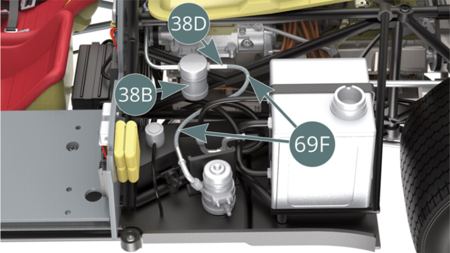 Positionner la conduite d’essence blindée 69F sur le raccord 38D du filtre à essence 38B.