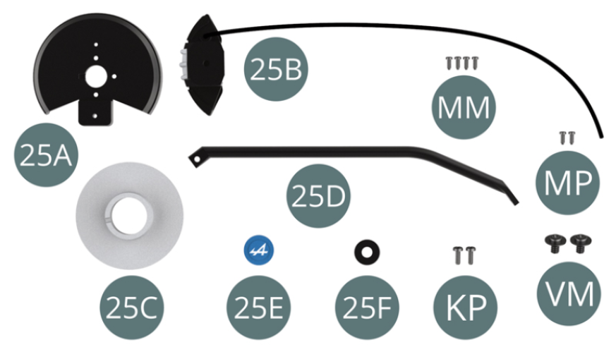 25A Dust cover 25B Brake caliper and hose 25C Brake disc 25D Support arm 25E Hub cover 25F Washer Screw KP M 1.4 x 4 mm (x 2) Screw MM M 1.2 x 3 mm (x 4) Screw MP M 1.2 x 3 mm (x 2) Screw VM M 2.3 x 4 x 6 mm (x 2)