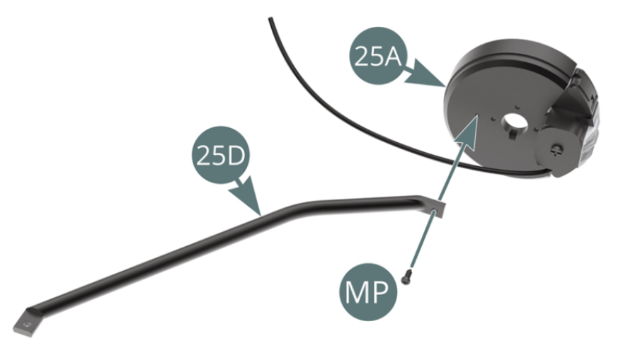 Position the support arm (25D) on the dust cover (25A) and fix it with a MP screw (leave a little play in the fixing area).