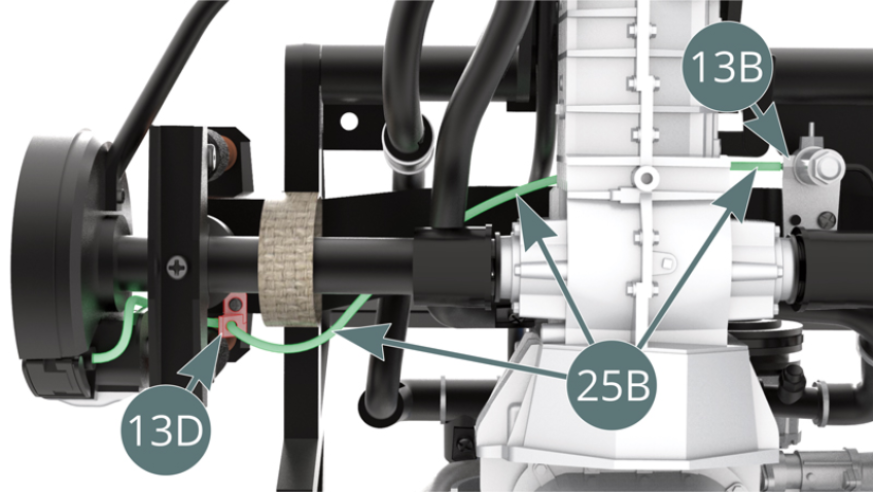 Führen Sie den grün markierten Bremsschlauch (25B) durch den rechten hinteren Bremsleitungshalter (13D) und befestigen Sie ihn am Hauptbremszylinder (13B) (siehe oben).