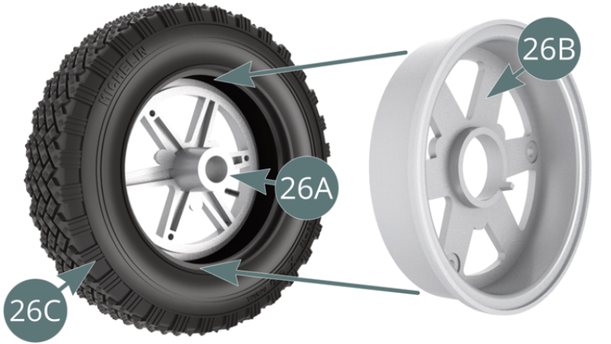 Position the inner wheel rim (26B) in the tyre (26C), aligning it with the outer rim (26A) and secure with three AM screws (see illustrations above and opposite).