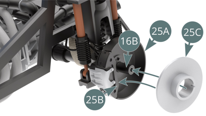 Die Bremsscheibe (25C) auf der rechten Antriebswelle (16B) positionieren und dabei den Bremssattel (25B) und den Staubschutz (25A) einrasten lassen.