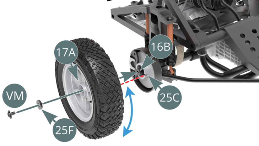 Installare la ruota preassemblata sull'albero motore destro (16B) attraverso il cerchio esterno (17A). Ruotarla avanti e indietro per inserirla nella tacca del disco del freno (25C) (linea rossa tratteggiata) e fissarla con un vite VM attraverso la rondella (25F).