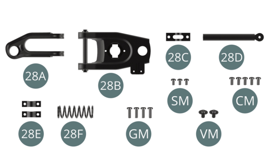 28A Upper left suspension arm 28B Lower left suspension arm 28C Support bracket 28D Strut 28E Clamp (x 2) 28F Suspension spring Screw GM M 2.0 x 6 mm (x 4) Screw SM M 1.7 x 3 mm (x 3) Screw CM M 2.0 x 4 mm (x 5) Screw VM M 2.3 x 4 x 6 mm (x 2)