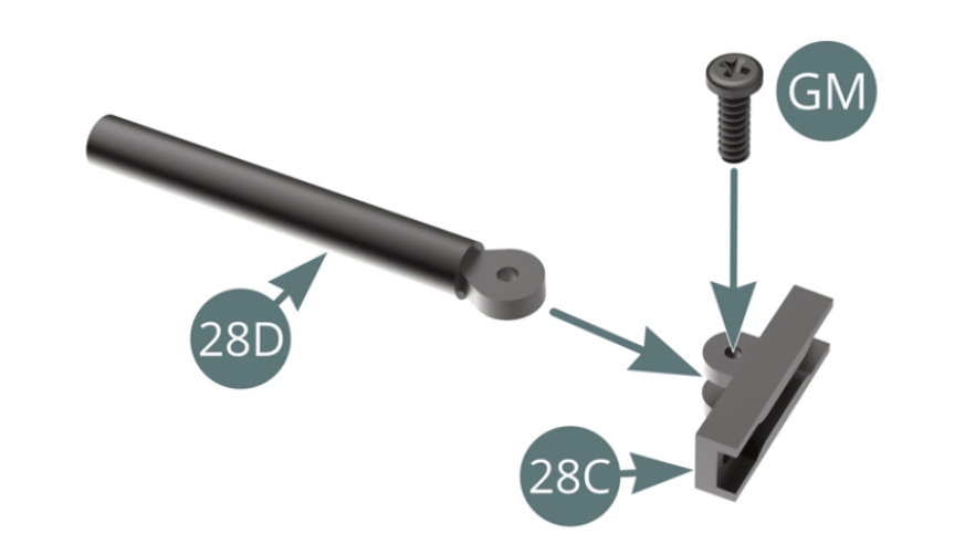 Position the strut (28D) to the support bracket (28C) and secure it with a GM screw. Position the support bracket (28C) to the left lower suspension arm (28B) and secure with two SM screws.