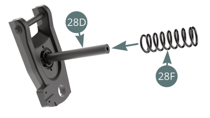 Position the spring (28F) on the strut (28D). Position the strut (28D) and left lower suspension arm (28B) onto the front cross bar (27A).