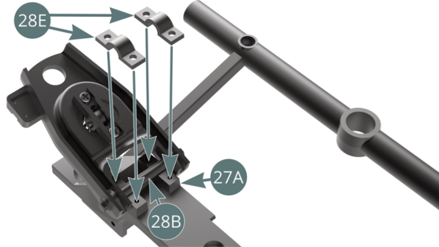 Secure the lower left suspension arm axle (28B) to the front frame cross bar (27A) using two clamps (28E) and four CM screws (shown opposite).