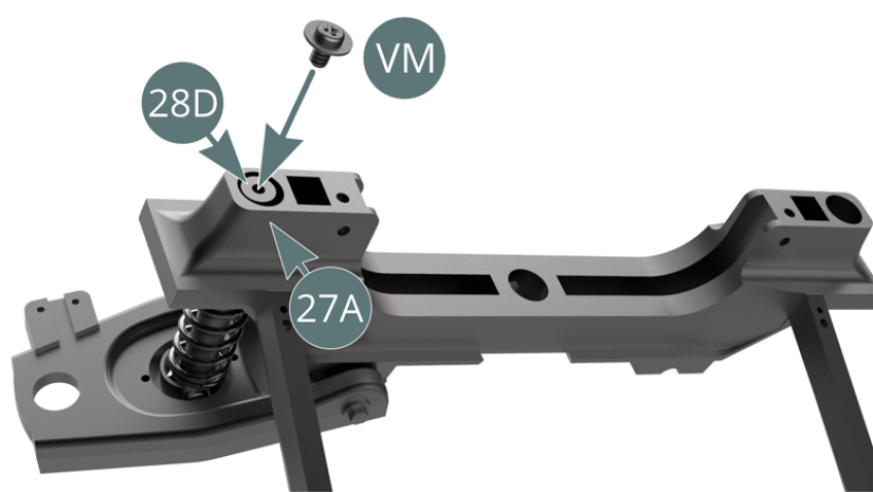 Attach the end of the strut (28D) to the front frame cross bar (27A) with a VM screw. Attach the left lower suspension arm (28B) to the front frame cross bar (27A) with two GM screws.