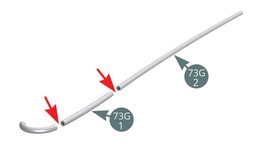 Corta dos secciones de la Línea de combustible (73G): 73G-2 de 90 mm y 73G-1 de 50 mm. Conecta la Línea de combustible (73G-2) los pines de la Plataforma lateral derecha (73A).