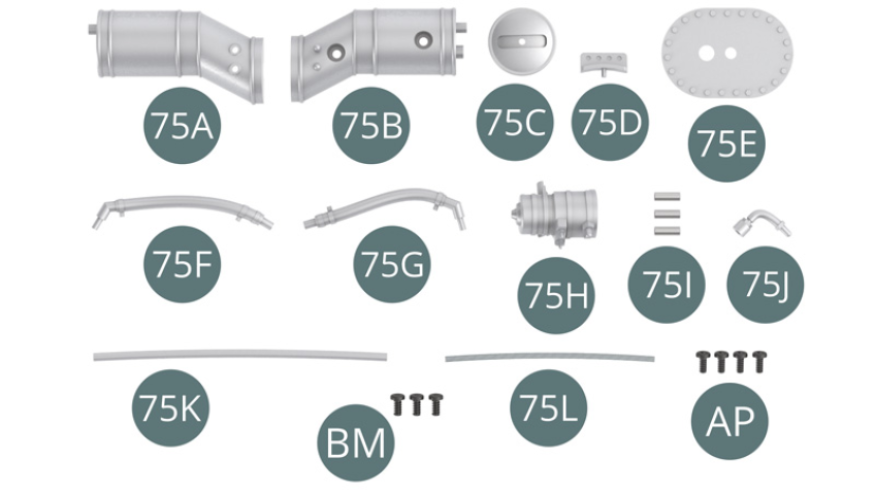 75A Cuello de llenado de combustible 75B Cuello de llenado de combustible 75C Tapón de llenado de combustible75D Manilla 75E Bandeja 75F Tubería de suministro 75G Tubería de suministro75H Bomba de combustible 75I Racor (x 3) 75J Racor de la bomba 75K Línea de combustible 75L Línea de combustible blindada Tornillo BM M 2,0 x 4 mm (x 3) Tornillo AP M 1,7 x 4 mm (x 4)