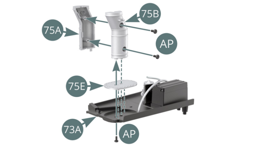 Assembler les deux moitiés de goulot de remplissage 75A et 75B, puis les fixer avec deux vis AP.Positionner le goulot de remplissage 75B sur la plate-forme latérale droite 73A, en intercalant le plateau 75E, puis le fixer avec une vis AP. Raccorder les tuyaux de refoulement 75F et 75G au goulot de remplissage 75A et aux tétons prévus sur la plate-forme latérale droite 73A.