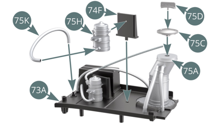 Positionner la poignée 75D sur le bouchon de remplissage 75C, puis positionner ce dernier sur le goulot de remplissage 75A. Positionner la pompe à essence 75H sur le bouclier de protection 74F.Raccorder la conduite d’essence 75K à la pompe 75H. Positionner le bouclier 74F sur la plate-forme latérale droite 73A et raccorder l’extrémité libre de la conduite d’essence 75K au téton prévu. Positionner la plate-forme latérale droite 73A sur la barre transversale du châssis inférieur 25A et sur le panneau supérieur 33A du réservoir de carburant droit.