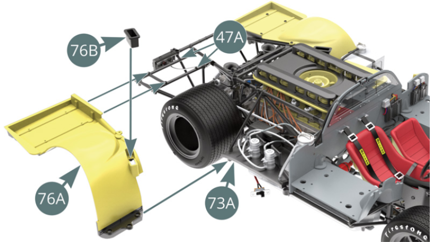 Positionner l’écope de refroidissement du frein arrière 76B sur le passage de roue arrière droit 76A.Positionner le passage de roue arrière droit 76A sur le châssis supérieur 47A, en plaçant son support avant sous la plate-forme latérale droite 73A.Fixer le passage de roue arrière droit 76A sur le châssis supérieur 47A avec cinq vis IM.