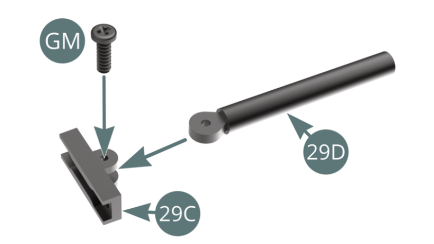 Position the strut (29D) on the mounting bracket (29C) and secure it with a GM screw. Position the bracket (29C) on the lower right suspension arm (29B) and secure with two SM screws.