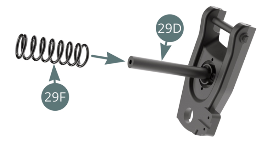 Place the spring (29F) on the strut (29D). Position the strut (29D) and the lower right suspension arm (29B) onto the front frame cross bar (27A).