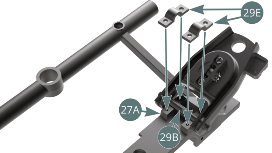 Secure the lower right suspension arm axis (29B) to the front frame cross bar (27A) using two brackets (29E) and four CM screws (shown opposite and below).