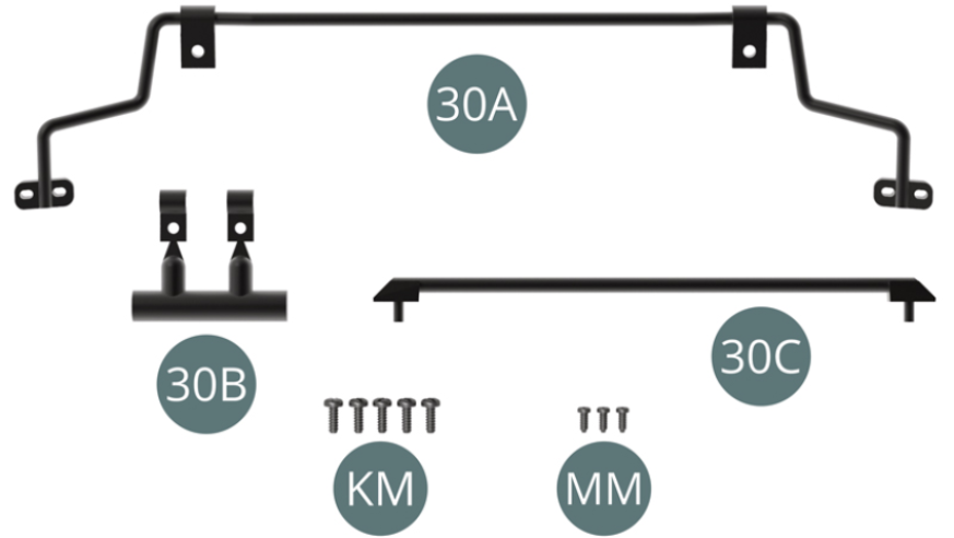 30A Überrollbügel 30B Klammer (2 Stück) 30C Obere Stange Schraube KM M 1,4 x 4 mm (x 5) Schraube MM M 1,2 x 3 mm (x 3)