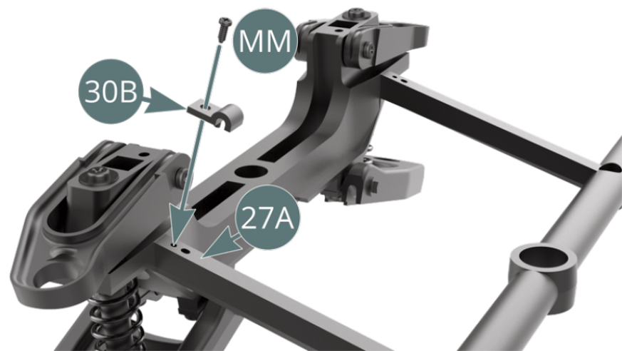 Place a support bracket (30B) on the left side of the front frame cross bar (27A) and secure with an MM screw.