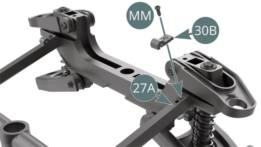 Place the other mounting bracket (30B) on the right side of the front frame cross bar (27A) and secure it with an MM screw. Place the upper bar (30C) on the front frame cross bar (27A).