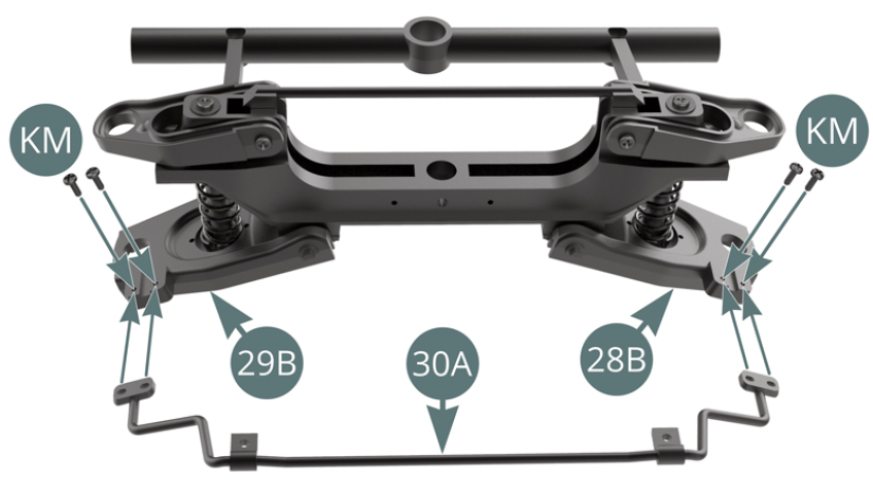 Place the brackets at the tips of the roll bar (30A) on the right (29B) and left (28B) lower suspension arms, and secure each bracket with two KM screws.