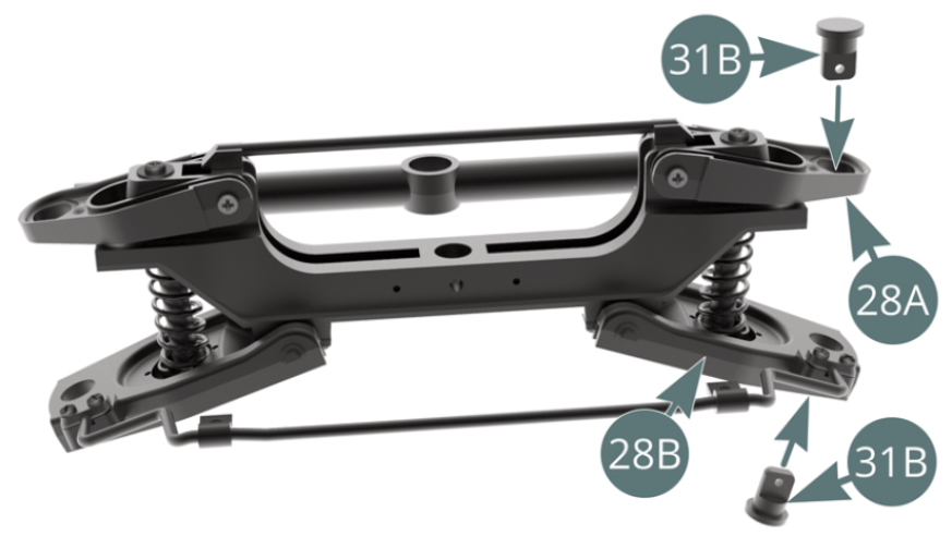 Place the studs (31B) into the upper left suspension arm (28A) and the lower left suspension arm (28B).